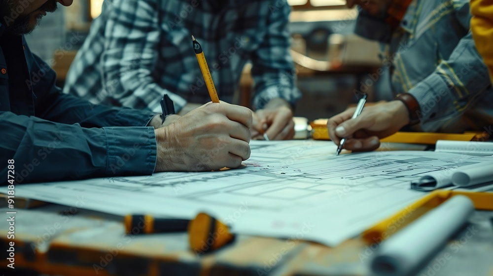 Aufkleber Brainstorming group of architects and engineers discuss building blueprint design paperwork and drawing construction project planning on wooden table in office Construction project bud : Generative AI
