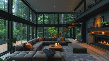 luxurious modern living room with large windows, forest view outside and black interior walls