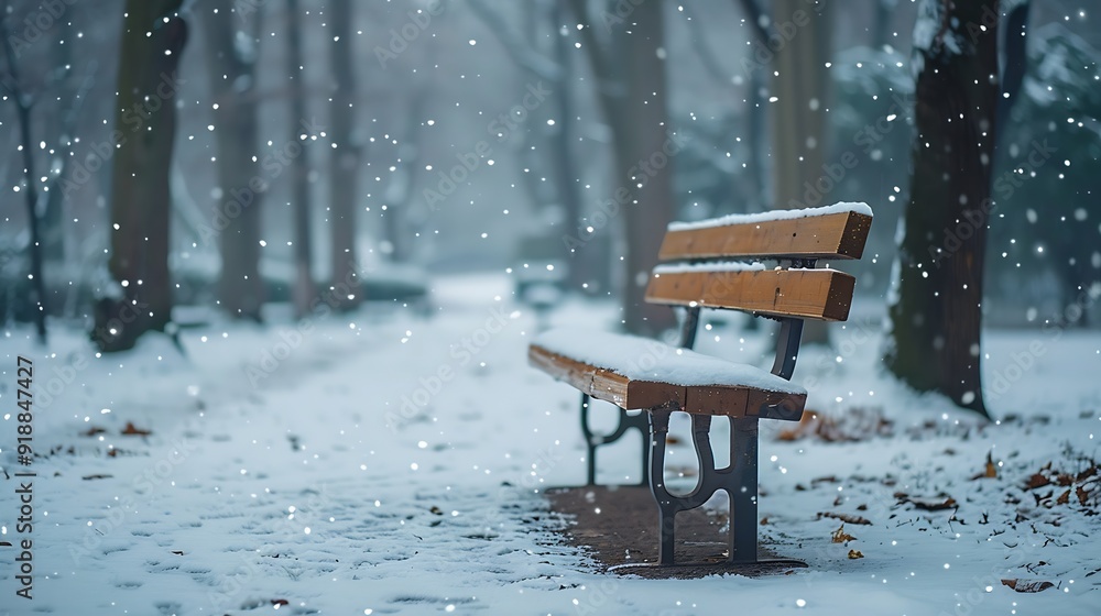 Poster bench covered with snow in frozen forest empty bench in snowy park winter weather wooden bench in pa