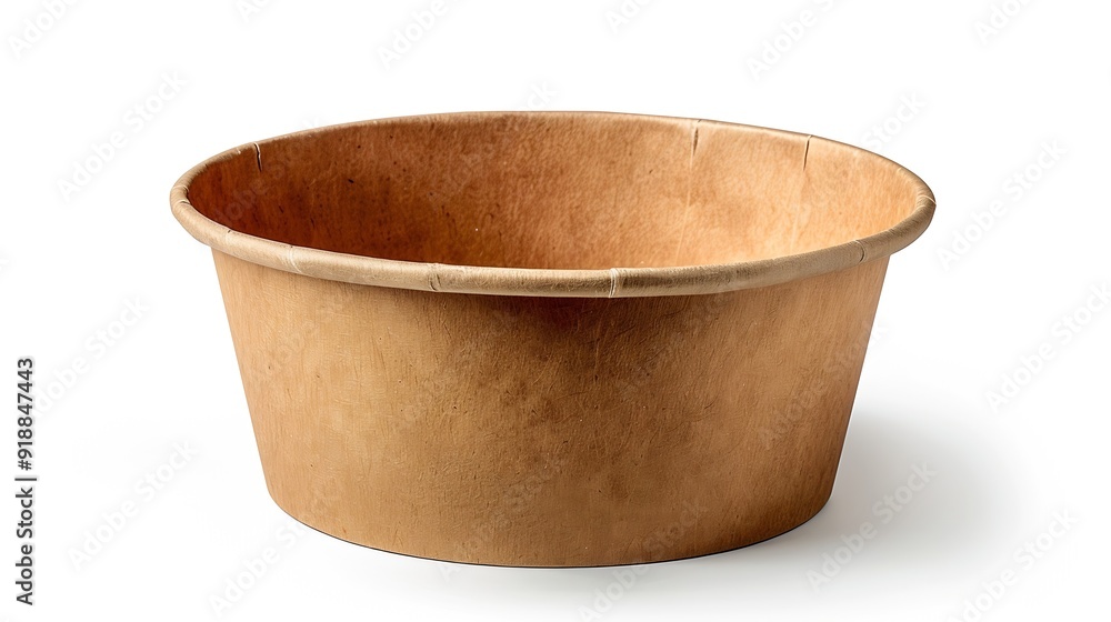Poster Side view closeup of empty single brown paper bowl isolated on white background with clipping path : Generative AI