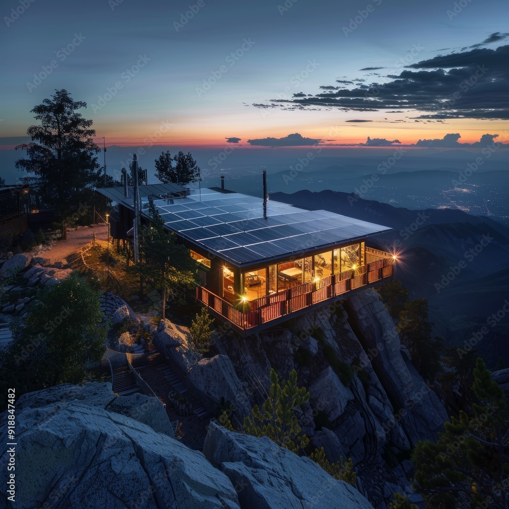 Wall mural Modern cabin with solar panels perched on a cliff at sunset.