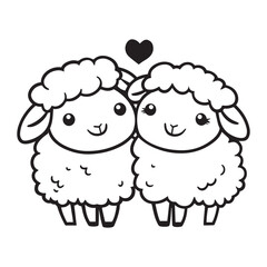 Fototapeta premium Animal Love Outline Design, Cute Sheep Love illustration in black and white 