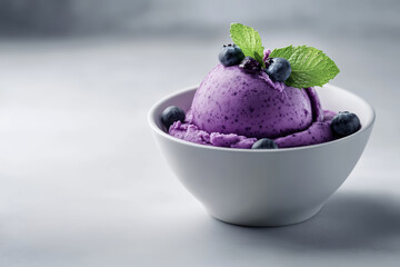 Blueberry frozen yogurt, beautifully placed in an elegant white bowl