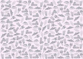 dessert food doodle seamless pattern illustration. hand drawn texture for graphic resources. sweets market products thin line for background pattern in linear simple style