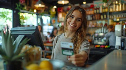 Happy couple paying the bill of the coffee shop using a contactless creditcard payment Young adult customer woman doing a purchase on a restaurant to the cashier with a debit card Peop : Generative AI