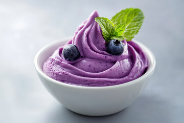 Blueberry frozen yogurt, beautifully placed in an elegant white bowl