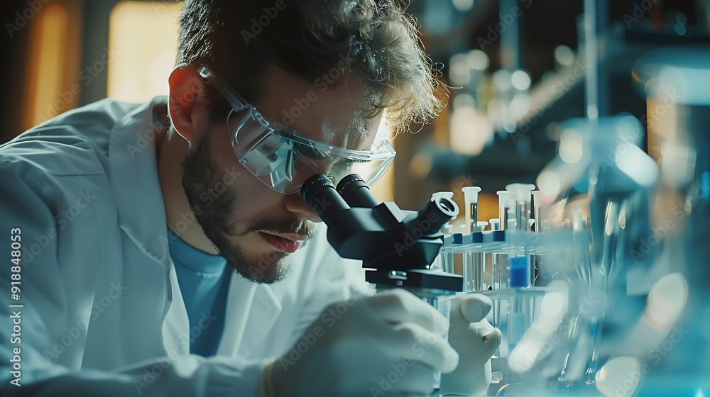 Aufkleber scientist analyze biochemical samples in advanced scientific laboratory medical professional use mic