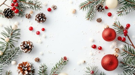 Snowy background with a red and green Christmas theme, Template, Free copy space in the middle for text