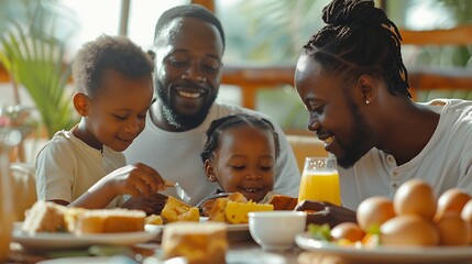 Black family parents and children for breakfast in home with serving bonding and happy in dining room Love mother and father with kids in morning with food eggs and bread for nutrition : Generative AI