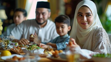 Happy Muslim family having iftar dinner to break fasting during Ramadan dining table at home group of Islamic people eating a healthy food dates together sharing and giving : Generative AI