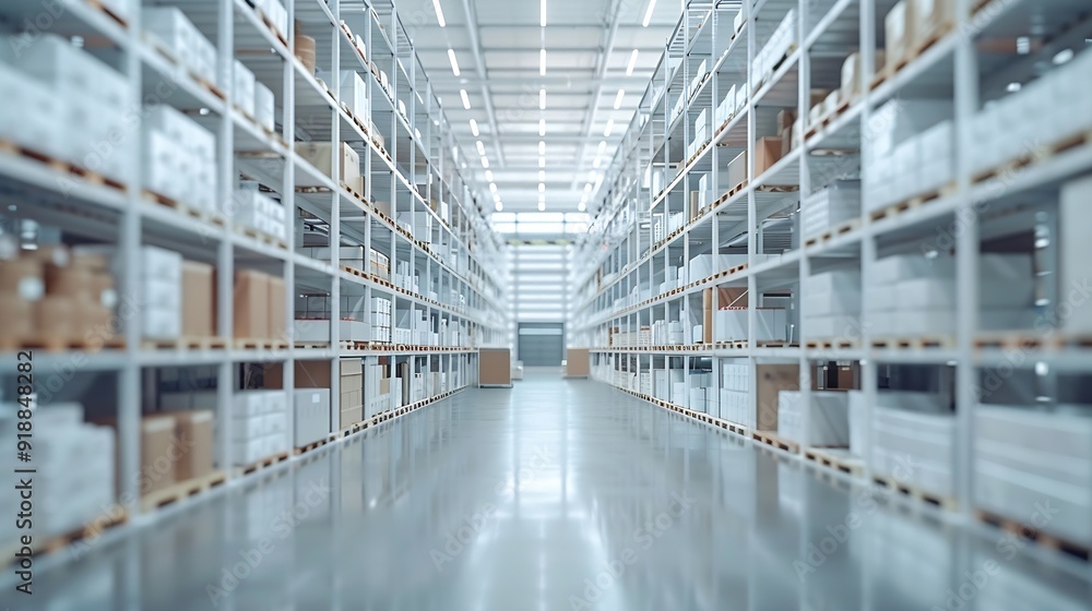 Aufkleber rows of shelves with boxes in the factory warehouse a perfectly white clean warehouse smooth boxes s