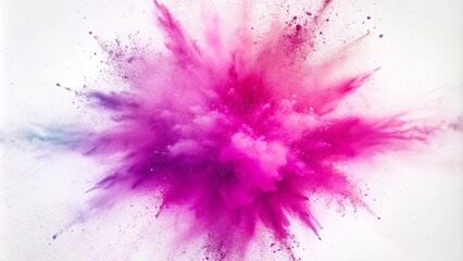 Abstract pink powder explosion on a white background, creating a colorful cloud of dust in a vibrant display