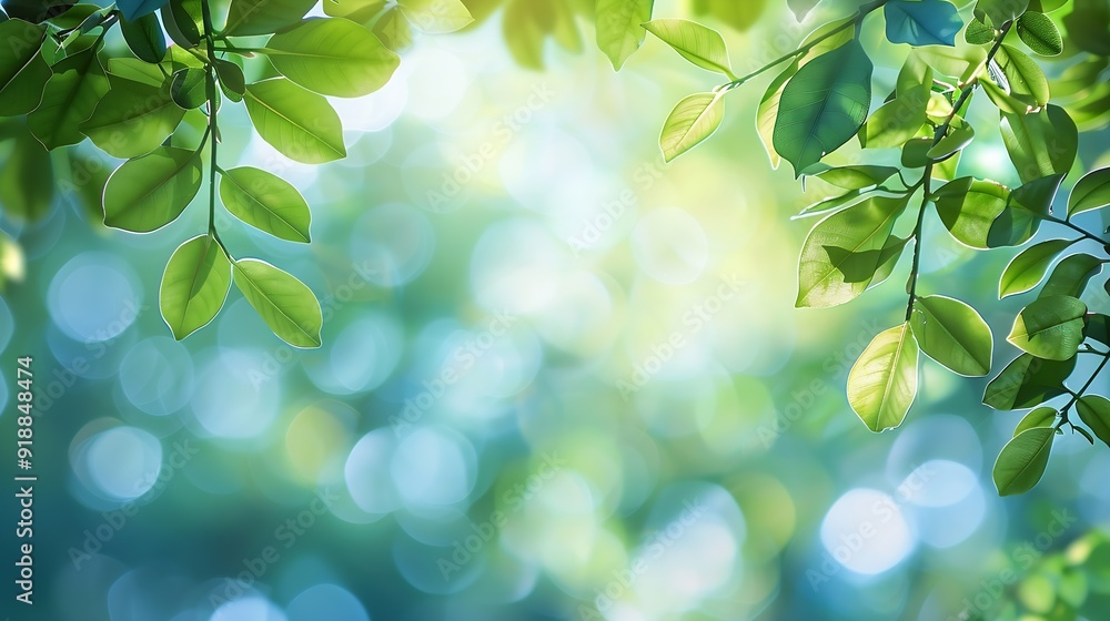 Aufkleber summer background of blue and green blurred foilage and sky with bright bokeh blurry abstract summer