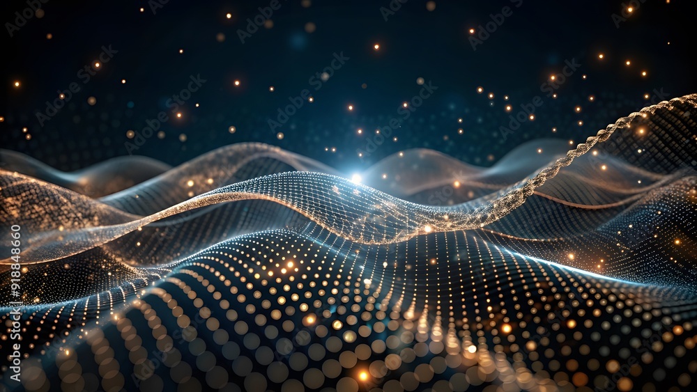 Poster Abstract digital wave of particles. Futuristic point wave. Technology background. Wave with moving dots and lines. Particle flow
