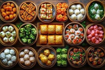 A variety of dim sum dishes in bamboo baskets on a wooden table