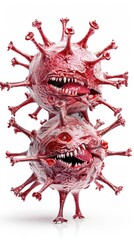 A dramatic representation of a virus with exaggerated features, showcasing spikes and menacing expressions.