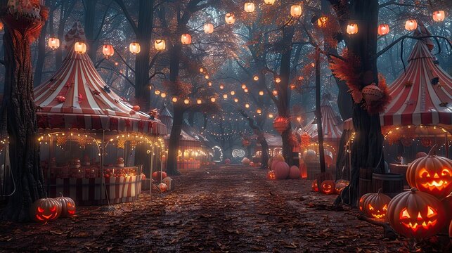 Classic Halloween carnival with old-fashioned games like ring toss and fortune-telling booths under striped tents.