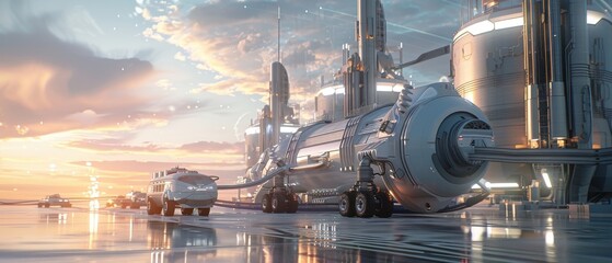 A futuristic city with a large white space ship and a few cars