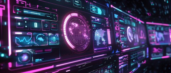 Obraz premium A computer monitor with a purple screen displaying a lot of information