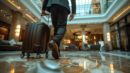 A businessman carrying his luggage in the lobby of a modern hotel He is on a business trip and is formally dressed and is just getting ready to go to a business meeting Travel luxury : Generative AI