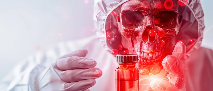 A scientist in a protective suit examines a vial against a backdrop of ominous red light, evoking themes of danger and discovery.