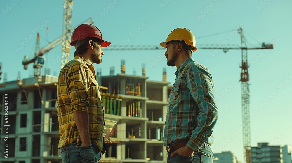 Poster Engineer and foreman worker team checking project at precast factory site Engineer and builders in hardhats discussing on construction site : Generative AI