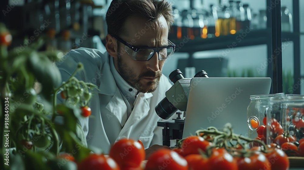 Aufkleber male scientist working on a laptop computer and analyzing a labgrown tomato through a microscope mic