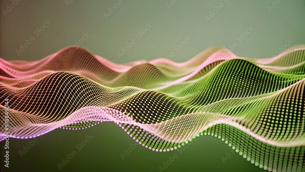 Poster Abstract digital wave of particles. Futuristic point wave. Technology background. Wave with moving dots and lines. Particle flow