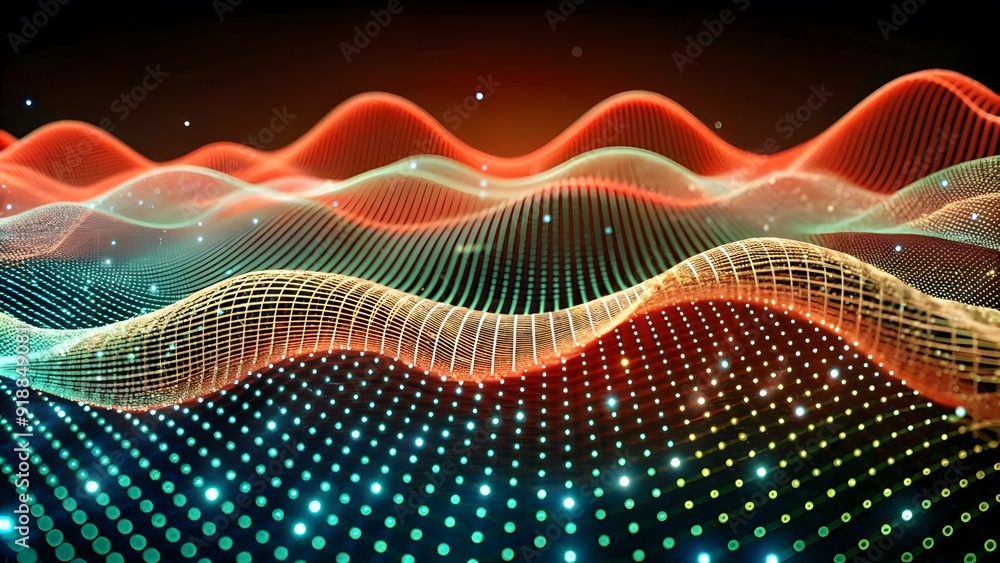 Poster Abstract digital wave of particles. Futuristic point wave. Technology background. Wave with moving dots and lines. Particle flow