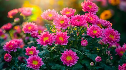 A bunch of pink flowers that are in the grass