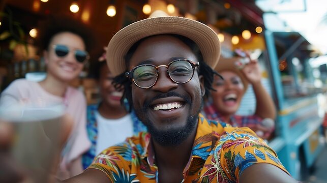 Multiracial people having fun doing selfie with mobile phone at food truck restaurant outdoor  Focus on african man face : Generative AI