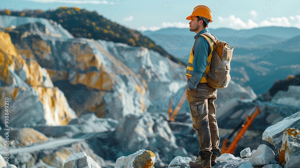 Leinwandbilder Man construction engineer wears helmet ensure safety when working in construction zone standing on pile rocks looking checking for completeness in case there is error so that it can be : Generative AI