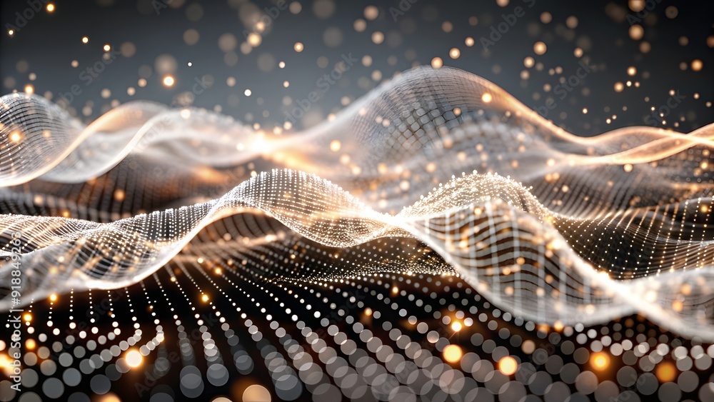 Poster Abstract digital wave of particles. Futuristic point wave. Technology background. Wave with moving dots and lines. Particle flow