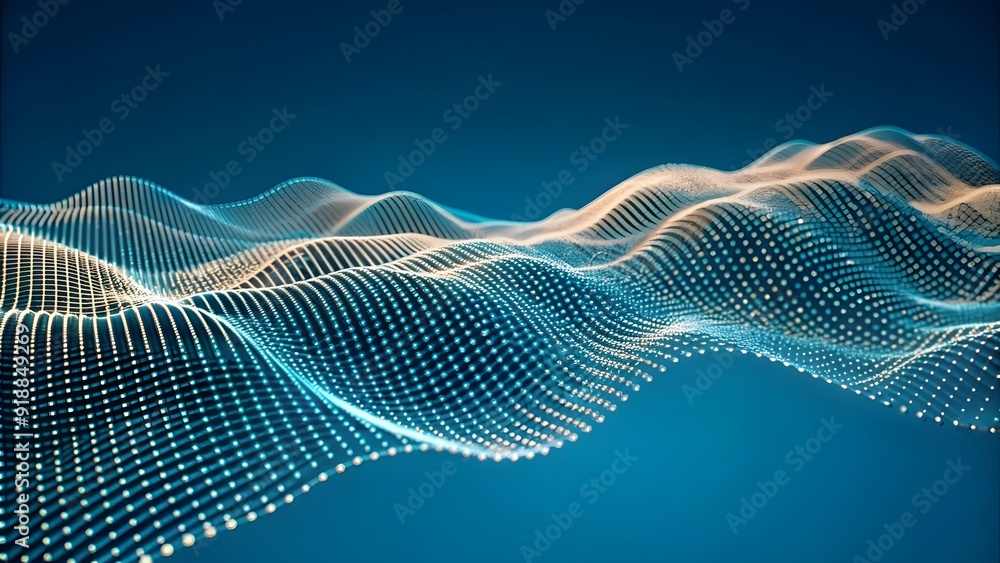Poster Abstract digital wave of particles. Futuristic point wave. Technology background. Wave with moving dots and lines. Particle flow
