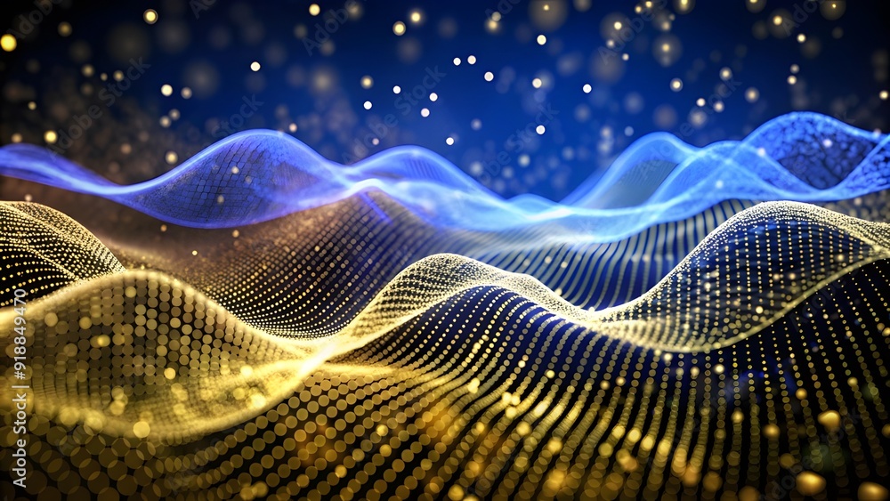 Poster Abstract digital wave of particles. Futuristic point wave. Technology background. Wave with moving dots and lines. Particle flow