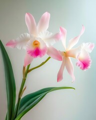 Fototapeta premium A pink and white flower with green leaves on a white background