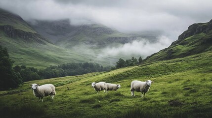 Fototapeta premium Sheep grazing in the picturesque Lake District, surrounded by rolling hills and tranquil lakes.