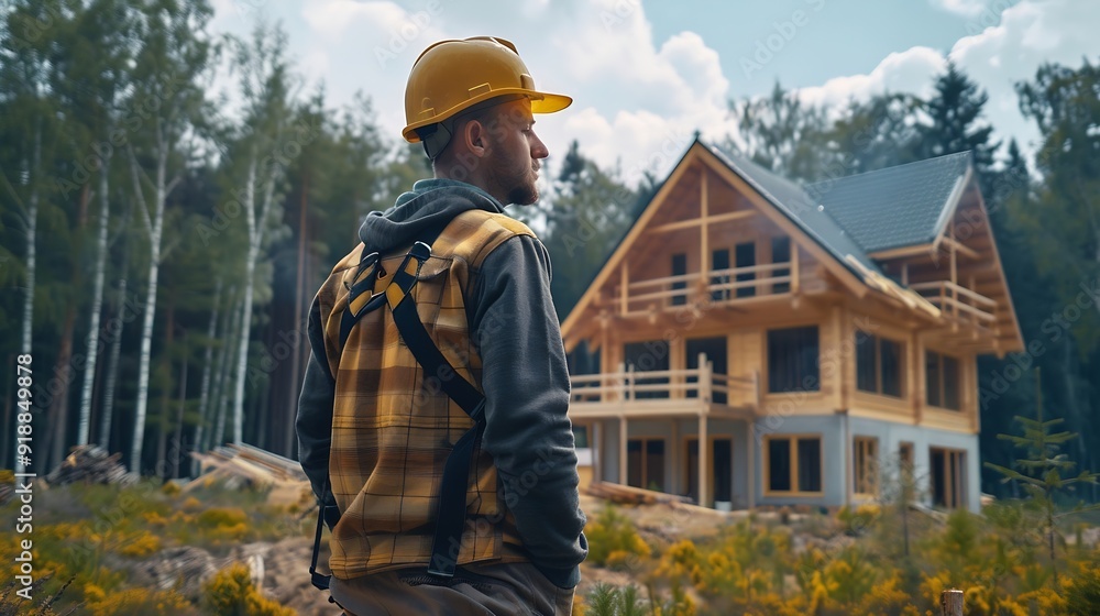 Poster worker building wooden twostory house near the forest man in work clothes and hard hat reviewing the