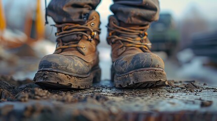 Safety Shoes of Workers on a Construction Site Safety Construction : Generative AI