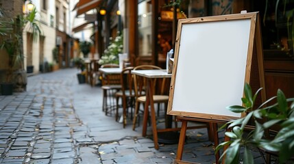 Blank white outdoor advertising stand sandwich board mock up template Clear street signage board placed by an outdoor dinning area of a restaurant Background texture of standee on stre : Generative AI