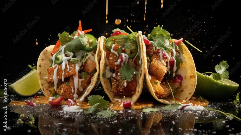 Wall mural a classic taco loaded with fresh ingredients, a generous amount of minced beef, chopped vegetables a