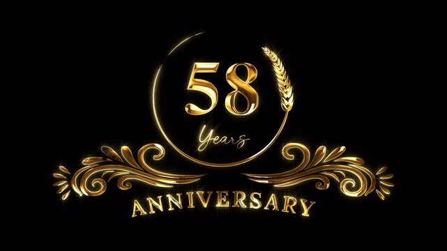 58th Anniversary Celebration. Happy 58 Years Anniversary Animation in Gold Color on the Transparent Background, Alpha Channel. Great for greetings, celebrations, events, and gifts.