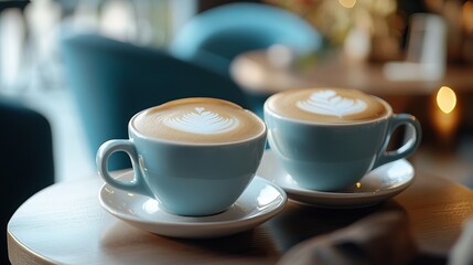 Two cappuccino cups filled with hot, energizing drinks, perfect for breakfast at a café.