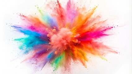 Vibrant explosion of colored powder bursts against a clean white background, creating a dynamic and lively visual effect
