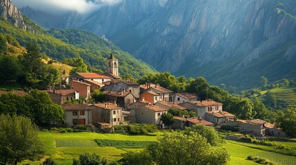 Obraz premium The village of Bulnes in Spain is a picturesque and remote mountain hamlet nestled in the heart of the Picos de Europa National Park. 