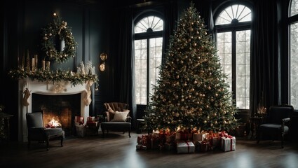 Christmas tree in black room interior