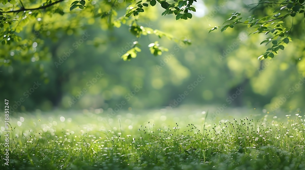 Poster blurred photogreen tree background view of the wild grass lawn light sky : generative ai