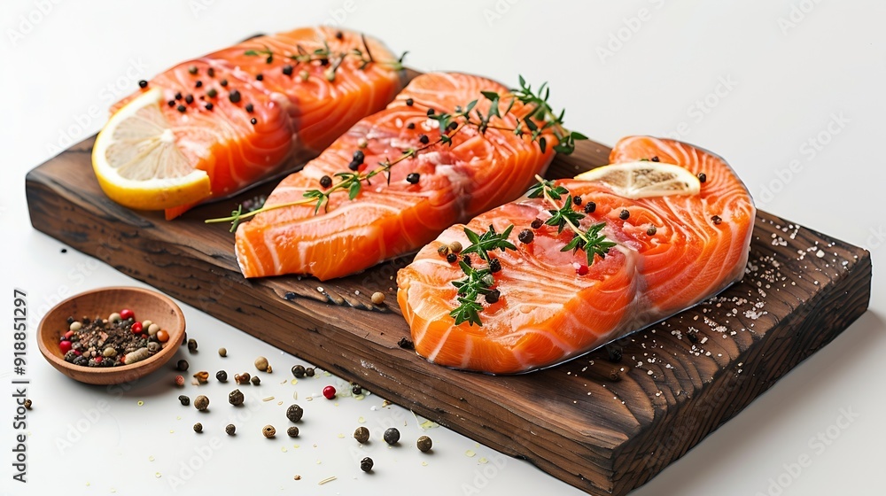 Poster wooden board with raw salmon steaks and different spices on white background : generative ai