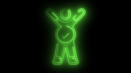 Glowing Neon Human Icon with Checkmark - Symbol of Victory, Accomplishment, and Health for Digital Interfaces