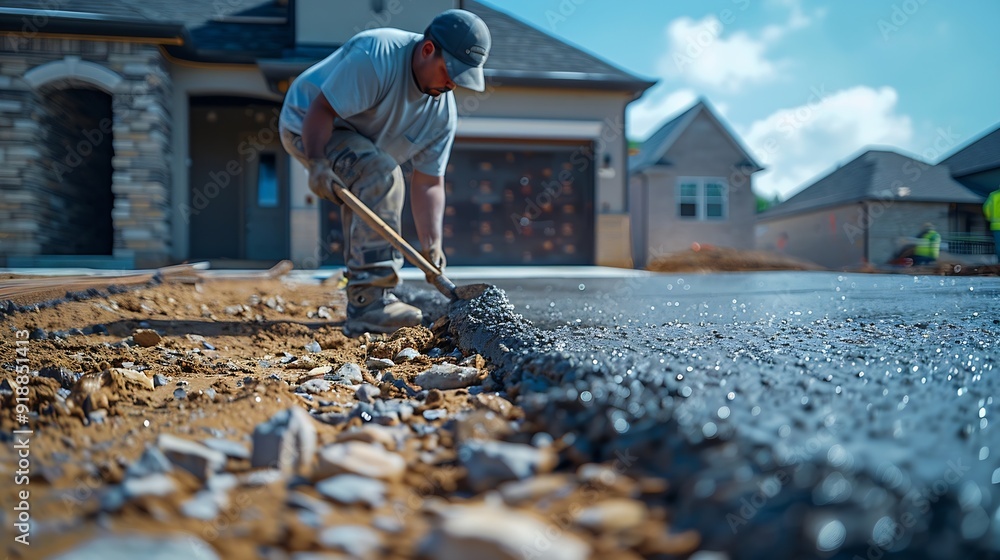 Poster Man working on smoothing concrete driveway for the new home build at construction site Architecture and exterior structure base progress safety foundation pavement ground Real estate i : Generative AI